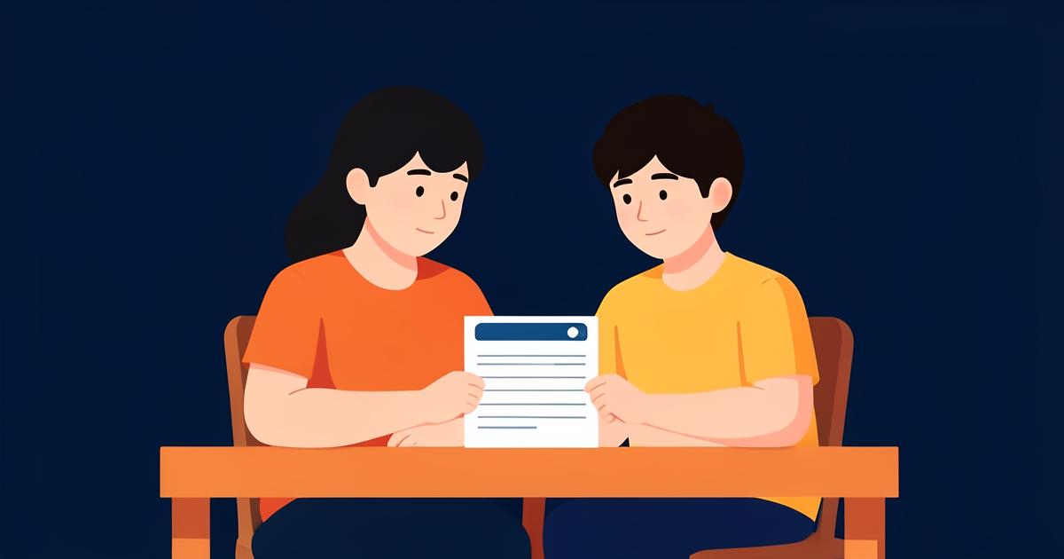 Illustration of a parent and a teenager reading a report together at a table.